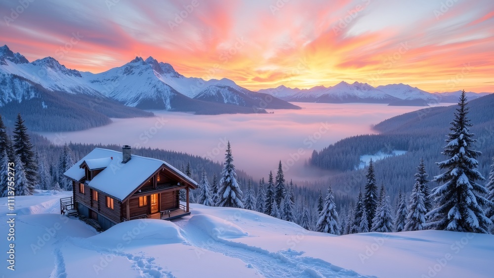 Serene Snow-Covered Mountains with a Wooden House at Sunset Serene Snow-Covered Mountains with a Wooden House at Sunset