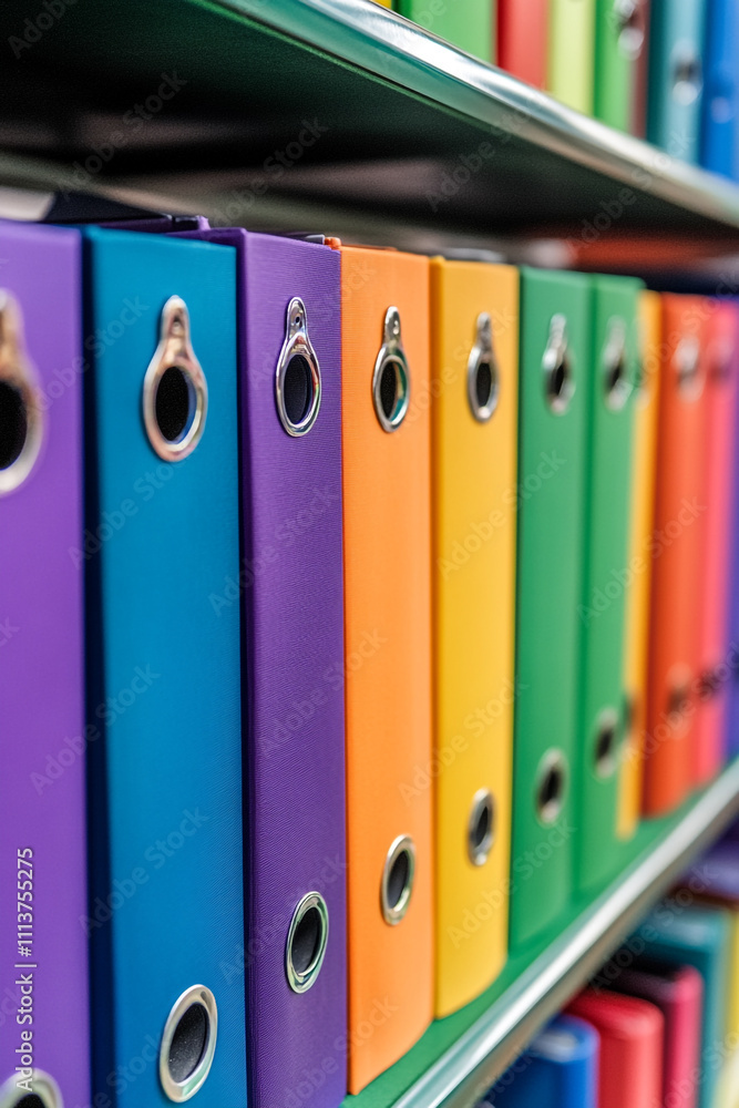 A row of colorful binders on a shelf. A row of colorful binders on a shelf.