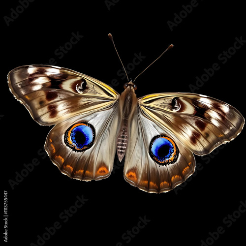 A brown butterfly with vibrant blue eyespots on its wings, isolated against a black background.  Intricate wing patterns.
 photo