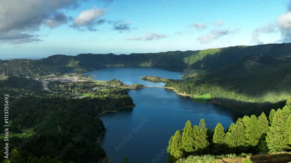 Tourists at Vista do Rei viewpoint overlooking Sete Cidades caldera, aerial Tourists at Vista do Rei viewpoint overlooking Sete Cidades caldera, aerial
