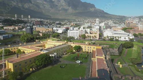 Cape Town with Castle of Good Hope and Table Mountain under a clear blue sky, aerial view