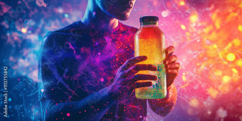 Sports drinks energy stamina concept. An athlete holds a bottle of sports drink, showcasing hydration and fitness in a dynamic setting, ideal for health and sports-related content.