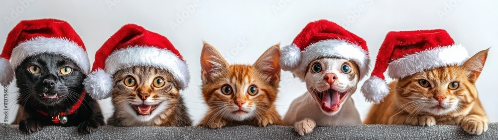 Funny Labrador Dog and Cat with Santa Hats in Joyful Christmas Scene for Holiday Greeting Card Funny Labrador Dog and Cat with Santa Hats in Joyful Christmas Scene for Holiday Greeting Card
