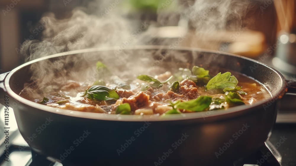 A close-up of a steaming pot of soup on the stove, with fresh herbs and ingredients visible, showcasing the bubbling action and rich textures A close-up of a steaming pot of soup on the stove, with fresh herbs and ingredients visible, showcasing the bubbling action and rich textures