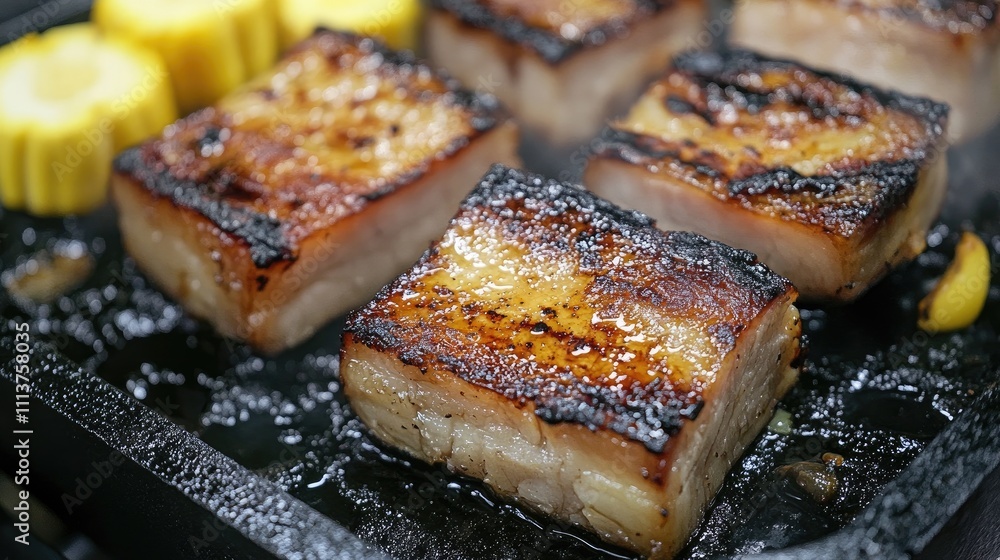 A close-up of perfectly grilled pork belly and vegetables sizzling on a mookata pan, capturing the golden-brown color and juicy texture of the cooked ingredients A close-up of perfectly grilled pork belly and vegetables sizzling on a mookata pan, capturing the golden-brown color and juicy texture of the cooked ingredients
