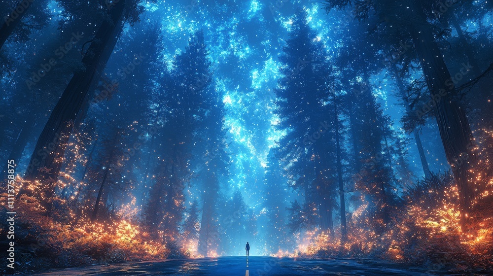 After the rain, a young man walks away on a deserted forest road. After the rain, a young man walks away on a deserted forest road.