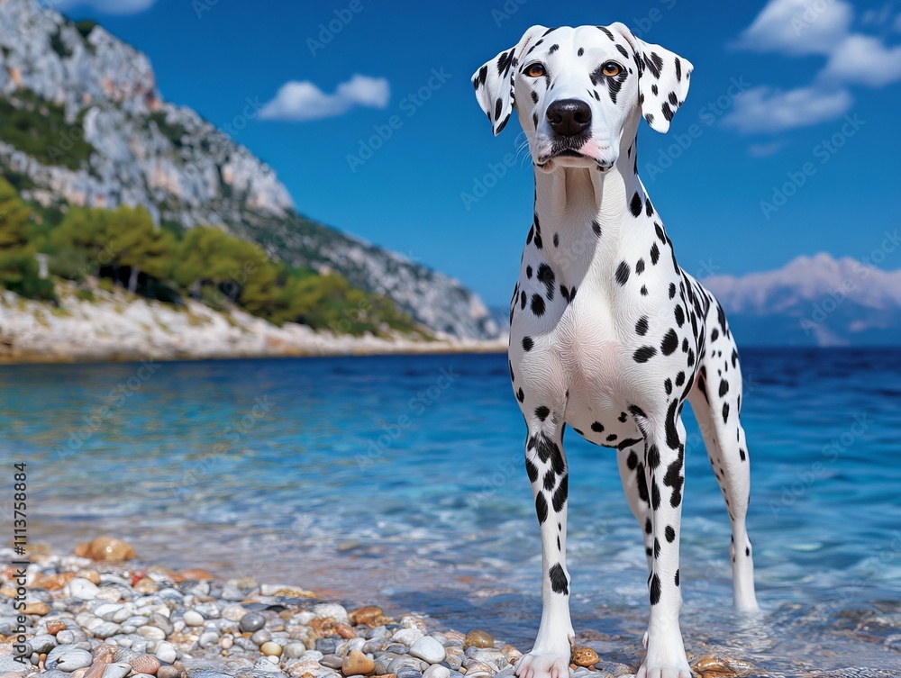 A dalmatian dog standing on a rocky beach next to the ocean A dalmatian dog standing on a rocky beach next to the ocean