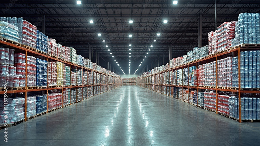 Fototapeta premium Vast warehouse interior with rows of high stacked pallets of goods.