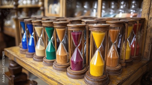A collection of hourglasses with different colors of sand, lined up on a wooden surface, representing various stages of time