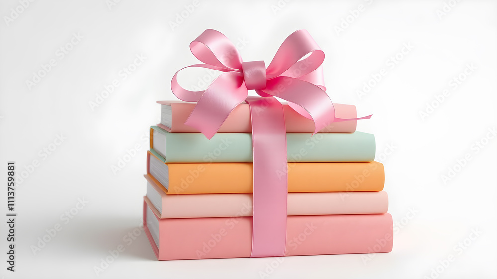 Obraz premium Stack of colorful books with pink ribbon on white background.