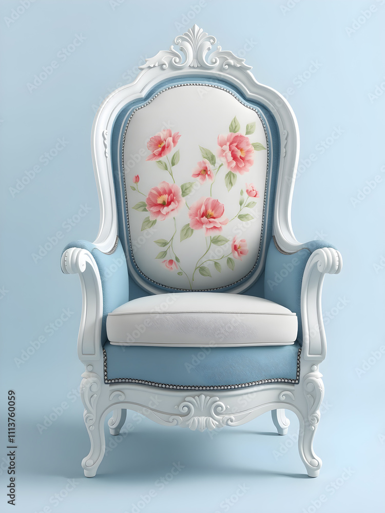 luxury interiors in blue tones with roses tile. Elegant vintage armchair. luxury interiors in blue tones with roses tile. Elegant vintage armchair.