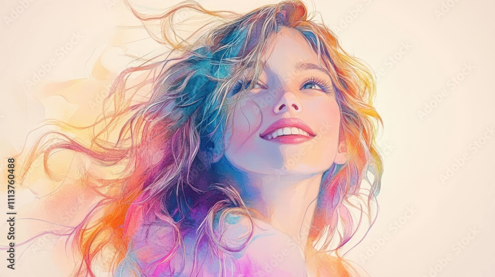 Portrait of a Young Woman with Flowing Hair and a Smile in Soft Lighting Portrait of a Young Woman with Flowing Hair and a Smile in Soft Lighting