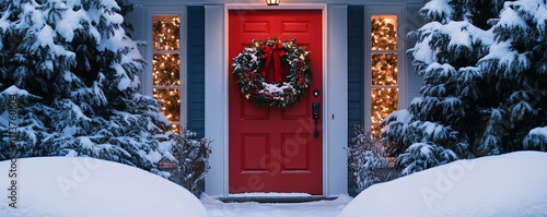 Red christmas door welcoming guests during a snowfall with string lights and christmas wreath