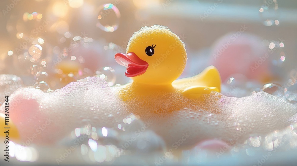 Cheerful yellow rubber duck closeup in bathtub with fluffy foam and bubbles Cheerful yellow rubber duck closeup in bathtub with fluffy foam and bubbles