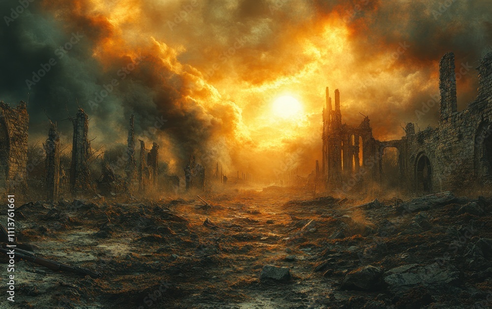 Desolate Battlefield at Dusk with Scattered Weapons and Armor Under Ominous Clouds and Golden Light Desolate Battlefield at Dusk with Scattered Weapons and Armor Under Ominous Clouds and Golden Light