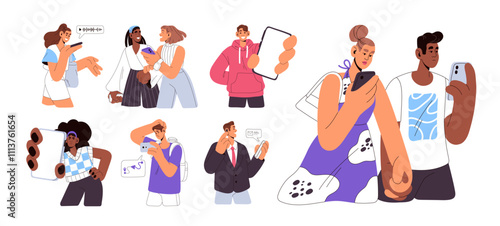 People hold smartphones set. Men and women call, texting, surfing the Internet by mobile phone, show screen. Characters communicate online by telephone. Flat isolated vector illustrations on white