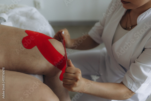 Young physiotherapist is taping arm and leg photo