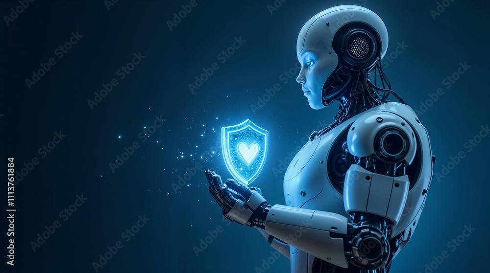 The robot holds a glowing shield symbolizing cybersecurity and protection The robot holds a glowing shield symbolizing cybersecurity and protection