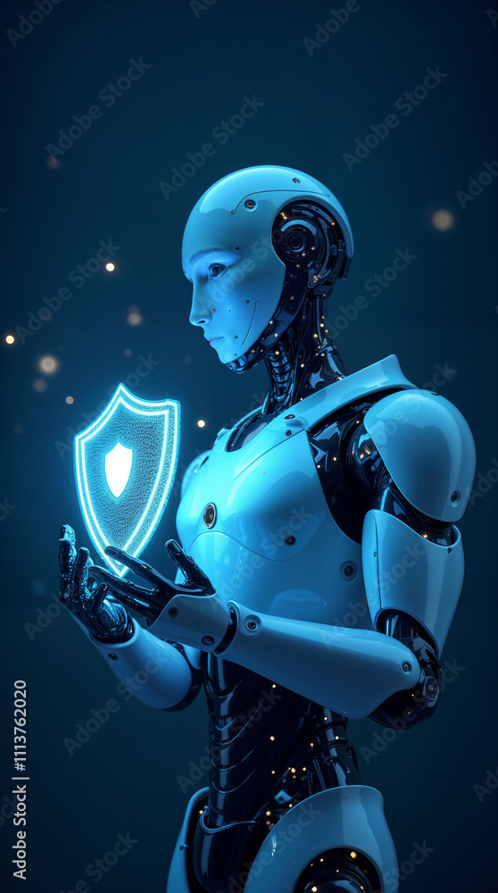 Naklejka premium The robot holds a glowing shield symbolizing cybersecurity and protection