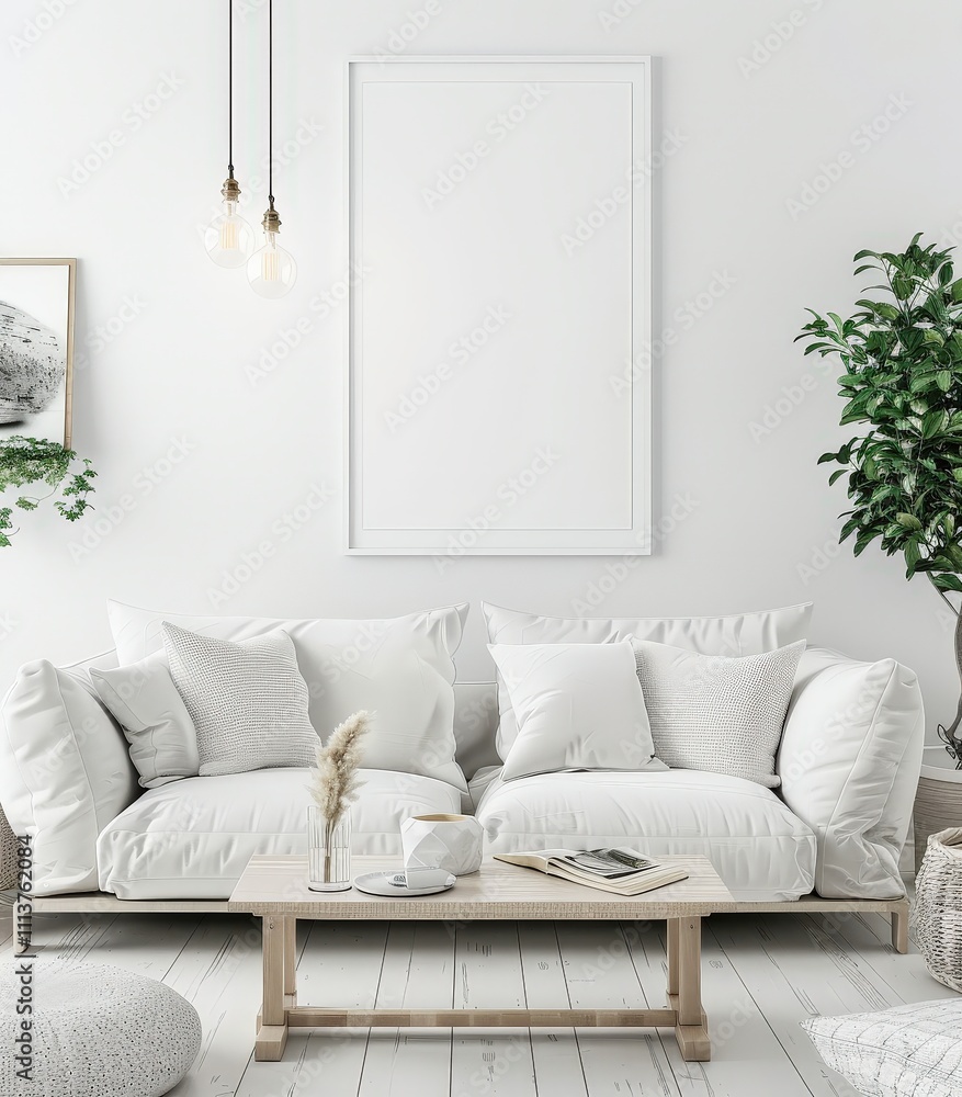 Fototapeta premium White living room with a couch. coffee table. and a large framed canvas