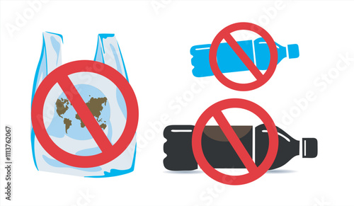 Say no to plastic bags poster. Disposable cellophane and polythene package prohibition sign. Pollution problem concept. Vector illustration.