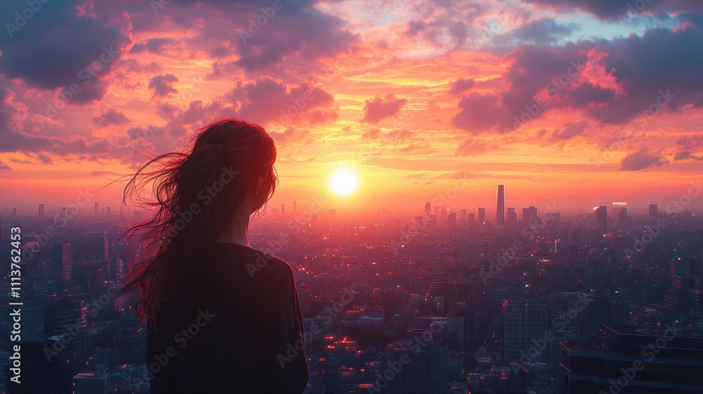 Young Woman Gazing at Vibrant City Skyline at Sunset Young Woman Gazing at Vibrant City Skyline at Sunset