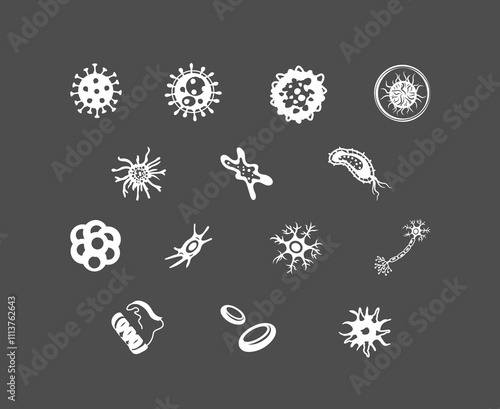 set of protein structure, cells, Stem Cells, nerve cell, dendritic cell, erythrocyte, virus cell and  microbe icon.