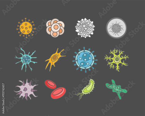 set of protein structure, cells, Stem Cells, nerve cell, dendritic cell, erythrocyte, virus cell and  microbe icon.