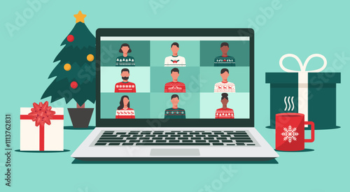 Men and women using laptop in a holiday, remote work and Christmas celebration, Vector Flat Illustration Design