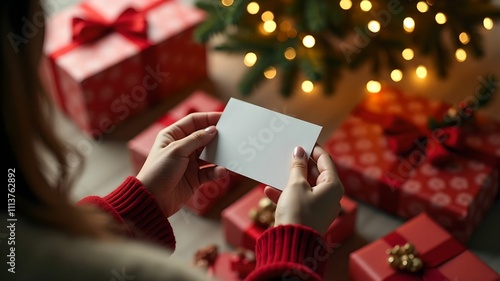 Woman holding blank card against background of Christmas gifts, holiday lights and festive decor.