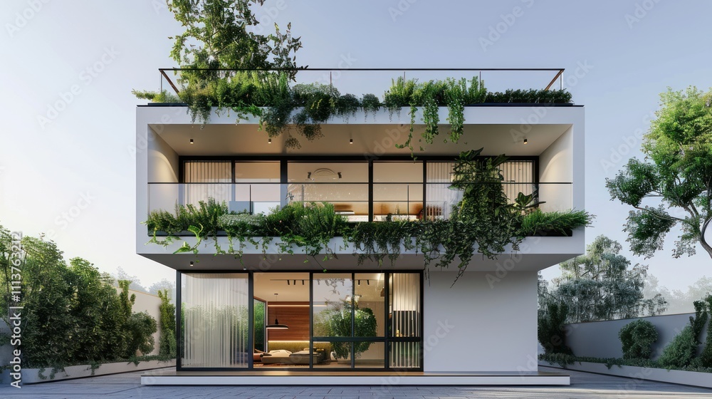 Modern house with greenery and large windows, blending nature with contemporary design. Modern house with greenery and large windows, blending nature with contemporary design.
