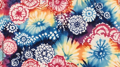 Colorful tie dye shibori print. Seamless hand drawn boho batik pattern. Ink textured japanese background. Modern batik wallpaper tile. Watercolor pattern for fabric, clothes, wallpaper. Ethnic design.