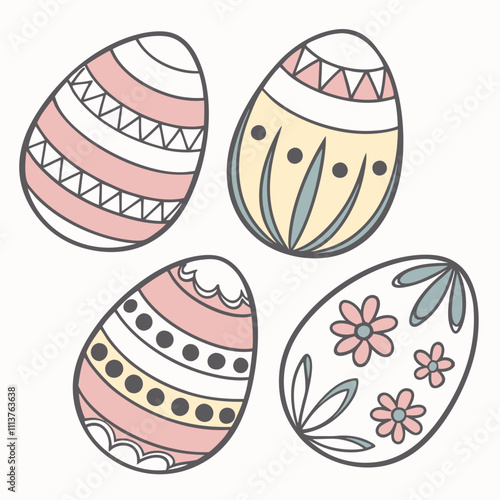 four Colorful Easter eggs with floral decorations, simple vector