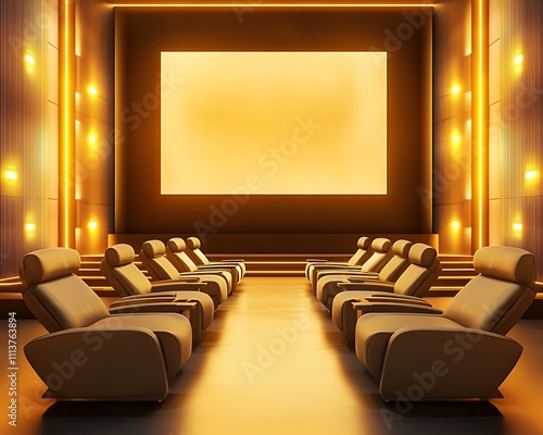 Plush recliners arranged in a luxury home cinema, facing a large screen with subtle golden lights surrounding the room. photo