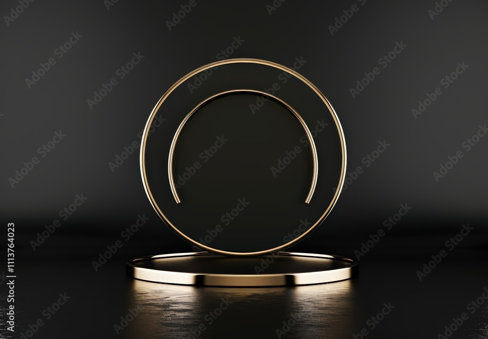 Abstract minimal gold podium with circle shape. on a black background with reflection Abstract minimal gold podium with circle shape. on a black background with reflection