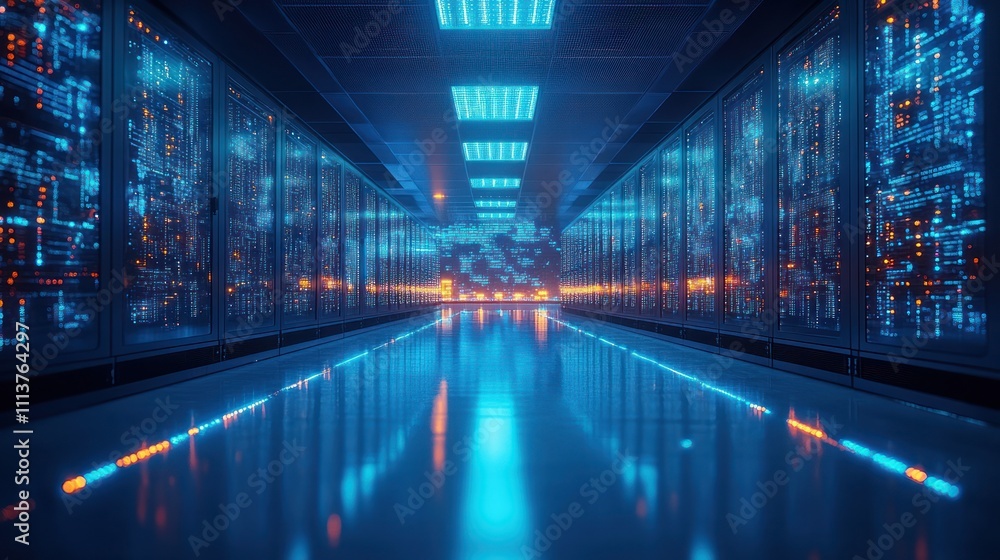 Futuristic server room with glowing data streams on racks. Futuristic server room with glowing data streams on racks.