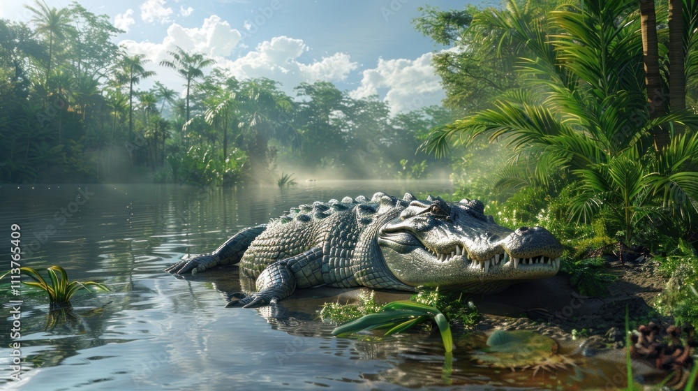 A crocodile resting by a serene river in a lush, tropical environment. A crocodile resting by a serene river in a lush, tropical environment.