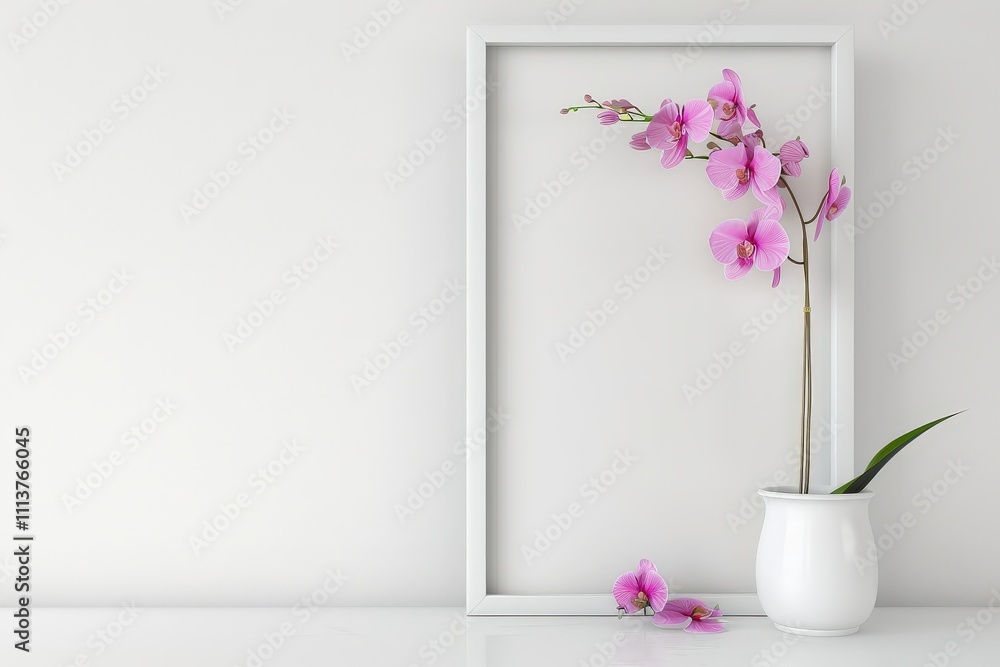 A single pink orchid flower with green leaves in a white vase next to a white picture frame with a few flower petals on the table in front of a white wall A single pink orchid flower with green leaves in a white vase next to a white picture frame with a few flower petals on the table in front of a white wall