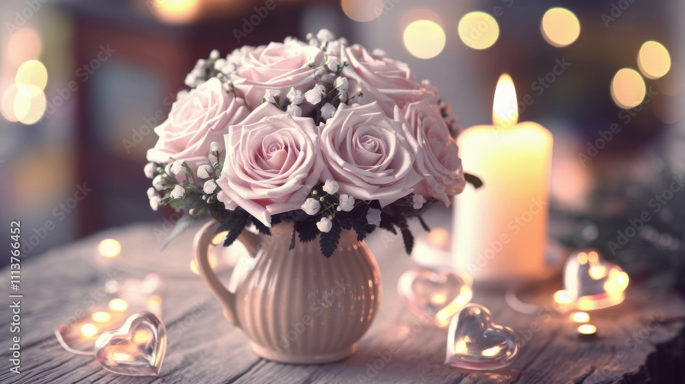 Romantic setting with pink roses hearts candle in HD Romantic setting with pink roses hearts candle in HD