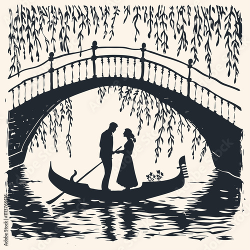 Couple in love on a gondola in Venice, vector illustration	