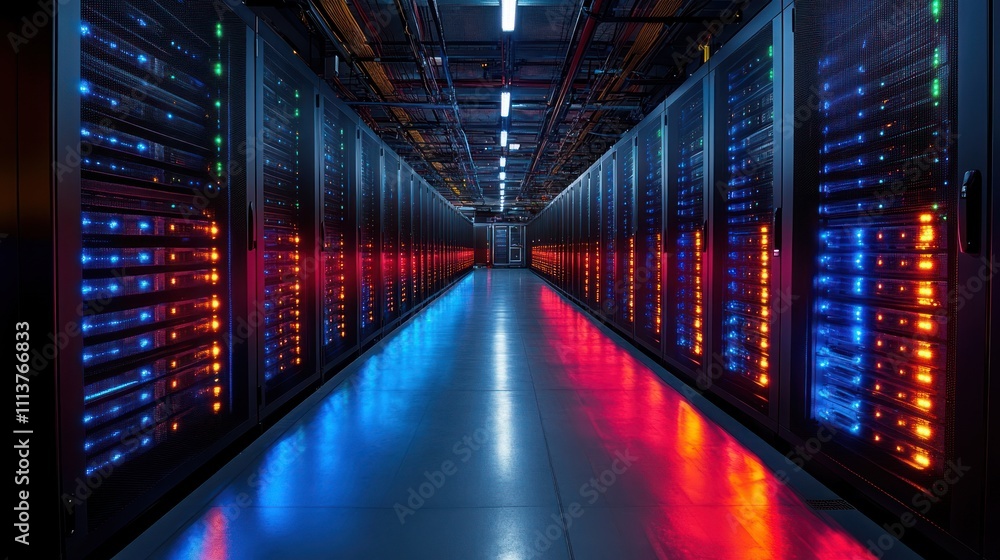 Illuminated server room with rows of data storage racks. Illuminated server room with rows of data storage racks.