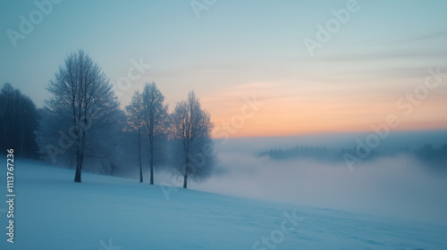 serene winter landscape featuring frosty trees against misty background at dawn. soft colors of sky create tranquil atmosphere.