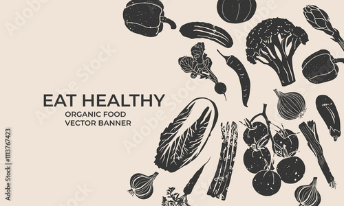 Banner with variety vegetables. Hand drawn grunge vector illustration of different veggies. Healthy food concept background.