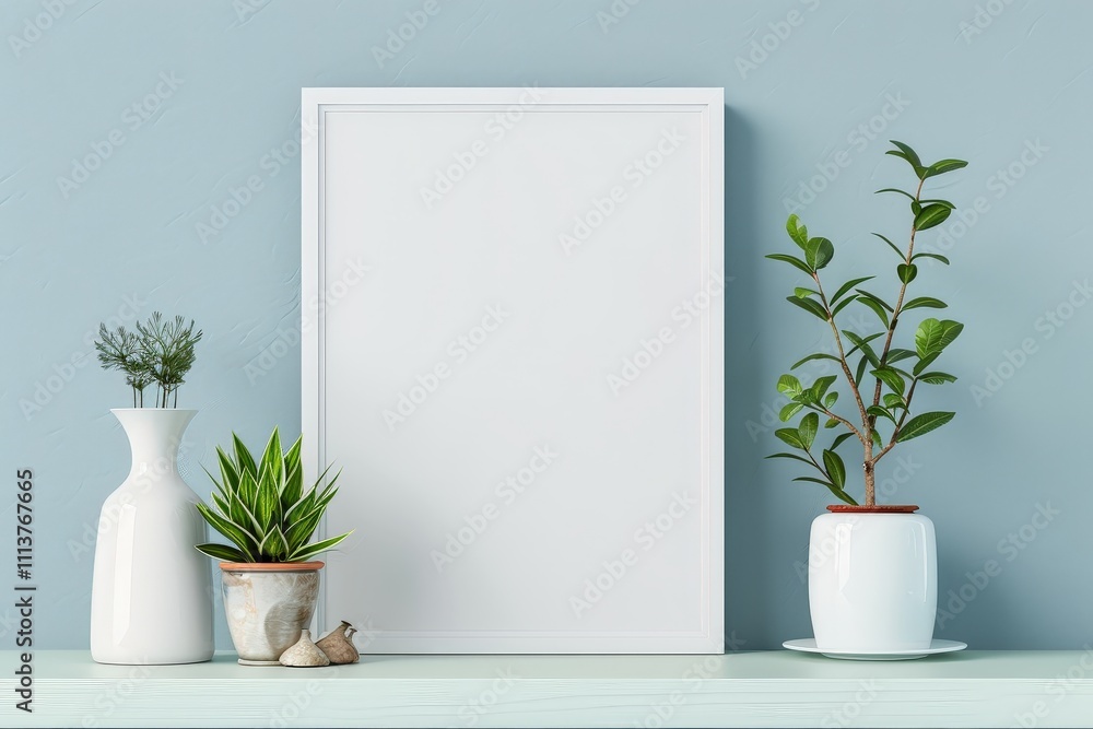 White framed poster mockup on a light blue wall with plants White framed poster mockup on a light blue wall with plants