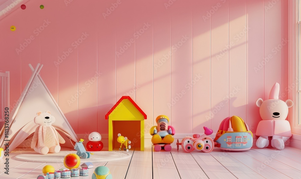 Pink nursery room with toys and sunlight streaming through the window Pink nursery room with toys and sunlight streaming through the window