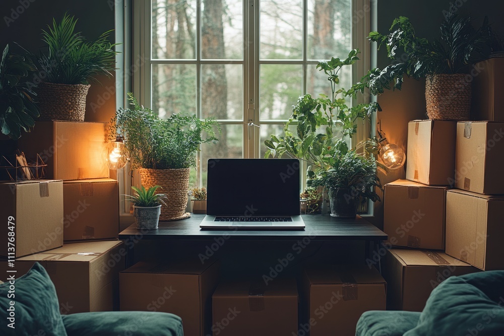 Fototapeta premium Cozy Minimalist Home Office with Laptop and Moving Boxes for New Business Startup