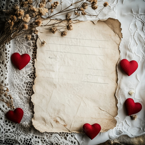 Rustic vintage paper with torn edges, surrounded by small red hearts and dried flowers, set on lace and fabric textures. Perfect for romantic, nostalgic, and Valentine's Day designs