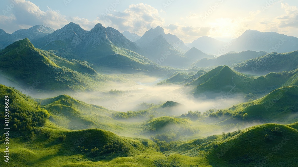 Fototapeta premium Misty sunrise over lush green mountain valley.