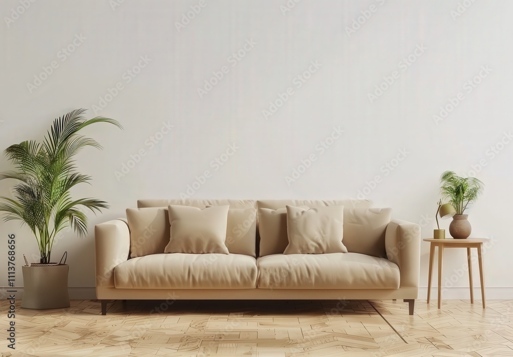 Fototapeta premium A beige sofa with pillows sits in front of a white wall with a potted plant and side table on the right