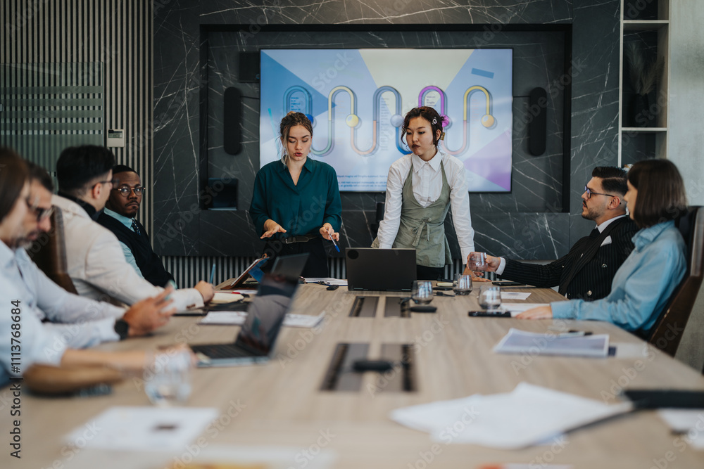 © qunica.com - A diverse group of business people engage in a meeting around a table, discussing ideas with a presentation on the screen.